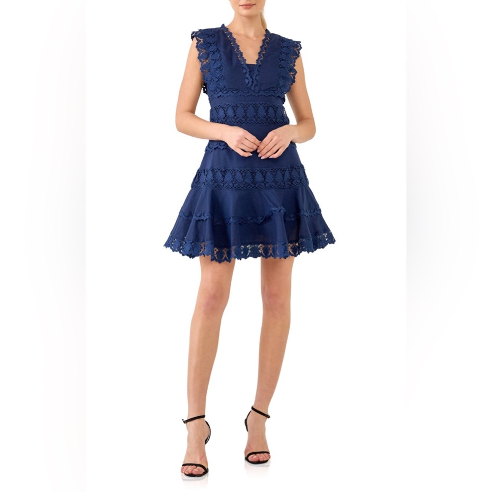 NWT Womens Endless Rose Navy Plunge Neck Tiered Lace Linen & Cotton Dress